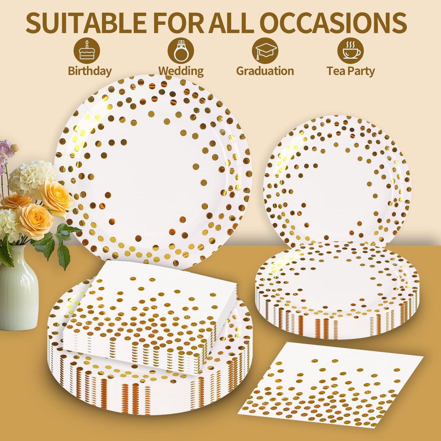 PUEVENYI 150PCS White Plates and Napkins Party Supplies, Paper Plates Disposable Serve 50 Guests, White and Gold Party Decorations for Graduation Baby Showers Bridal Showers Birthday Wedding