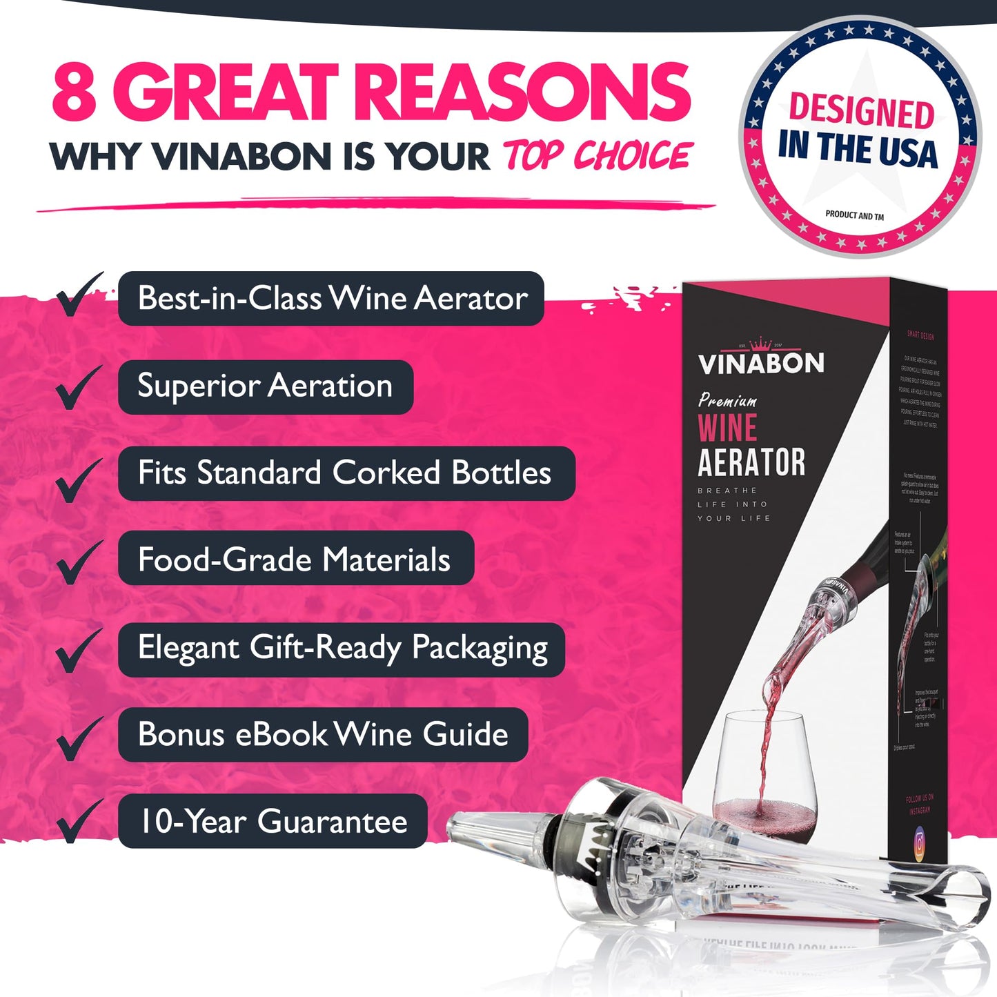 VINABON Wine Aerator Pourer Spout 2025 – Professional Wine Aerator Attaches to Bottle for Improved Flavor, Enhanced Bouquet, and Rich Finish. No-Drip, Spill-Free Design. Includes Wine Guide eBook.
