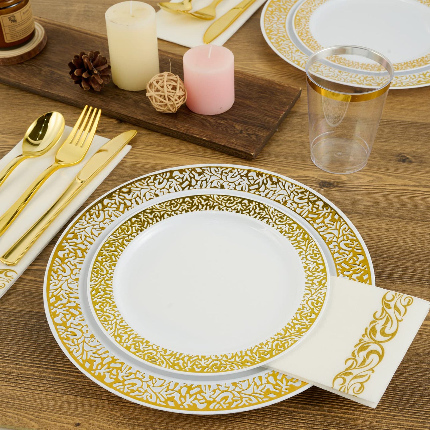 FOCUSLINE 350 Ct Gold Dinnerware Set for 50 Guests, Gold Lace Plastic Plates Disposable Heavy Duty, Including 50 Dinner & Dessert Plates, Cups, Napkins, Cutlery Set
