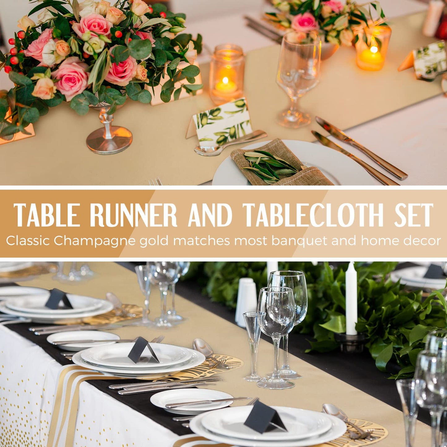 Breling 8 Pack White and Gold Disposable Plastic Tablecloths and Satin Table Runner Set, 54 x 108 Inch Tablecloth, 12 x 108 Inch Table Runners for Wedding First Communion Baby Shower Graduation