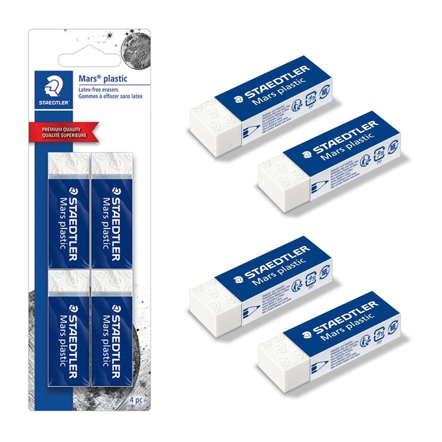 STAEDTLER Mars Plastic Vinyl Erasers (4-Pack), White Erasers for Clean & Precise Results - Latex-Free, Minimal Crumbling, Made in Germany