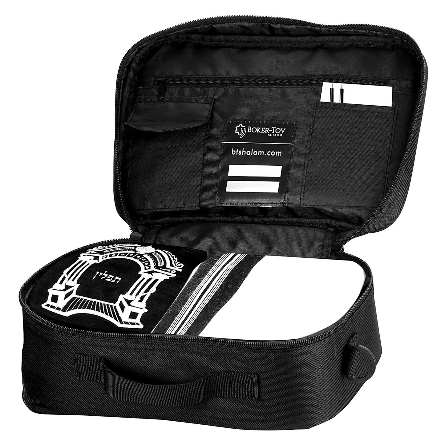 Tallit and Tefillin Bag with Carry Handle and Shoulder Strap - Judaica Tallit Prayer Shawl Travel Tote (Silver Print)