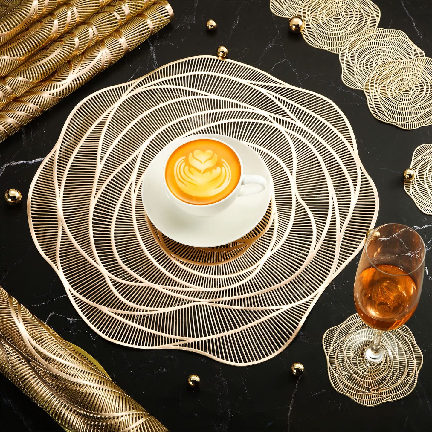 Sieral 12 Set 15 Inch Round Pressed Vinyl Placemats Hollow Out Rose Placemat Set Metallic Slip Resistant Place Mat Coaster Including Place Mats and Coasters for Wedding Dining Kitchen (Gold)