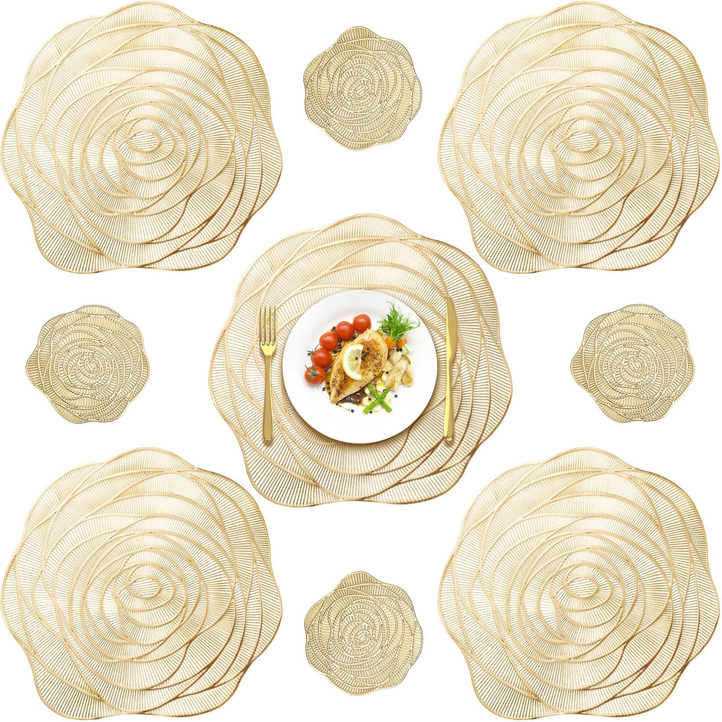 Sieral 12 Set 15 Inch Round Pressed Vinyl Placemats Hollow Out Rose Placemat Set Metallic Slip Resistant Place Mat Coaster Including Place Mats and Coasters for Wedding Dining Kitchen (Gold)