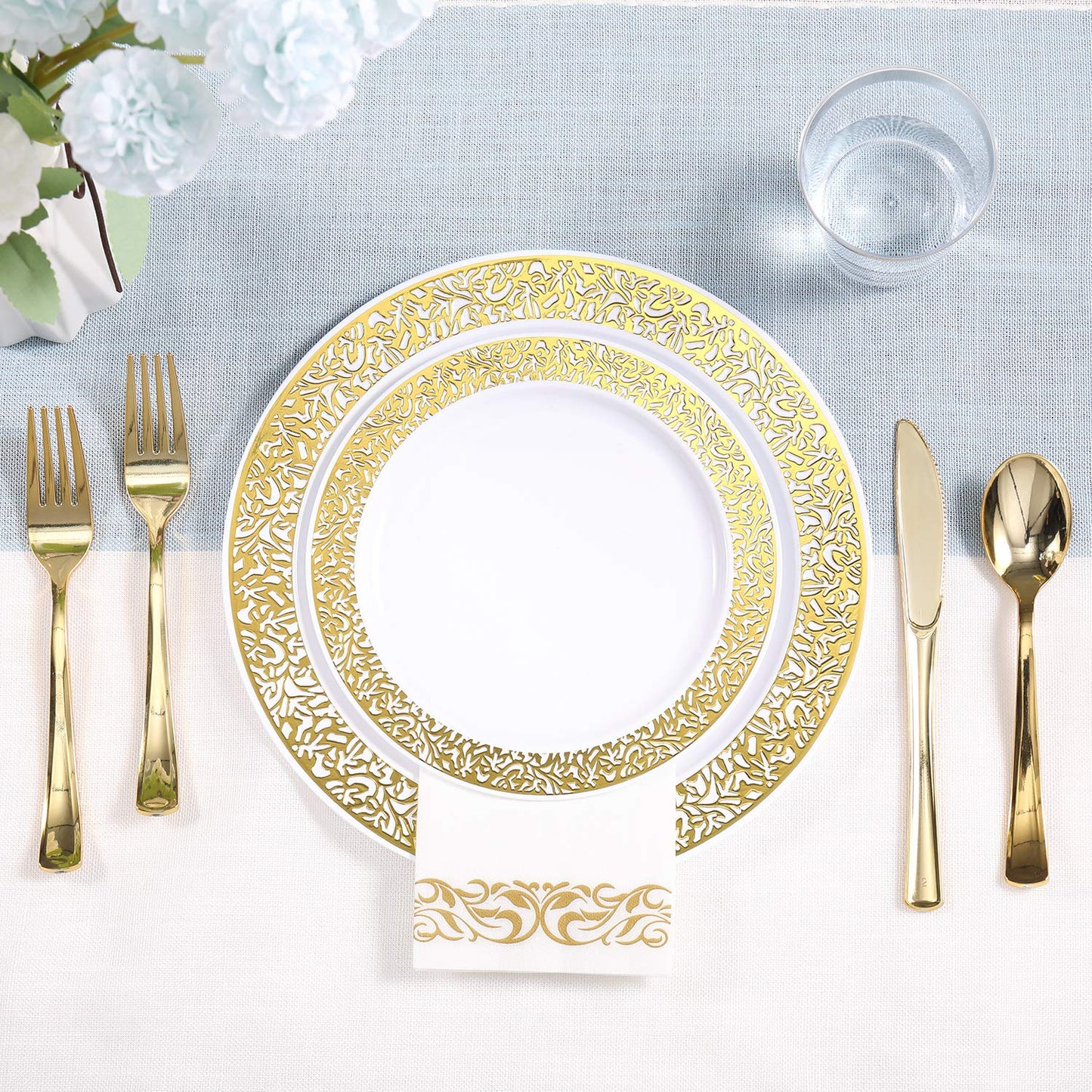 FOCUSLINE 350 Ct Gold Dinnerware Set for 50 Guests, Gold Lace Plastic Plates Disposable Heavy Duty, Including 50 Dinner & Dessert Plates, Cups, Napkins, Cutlery Set