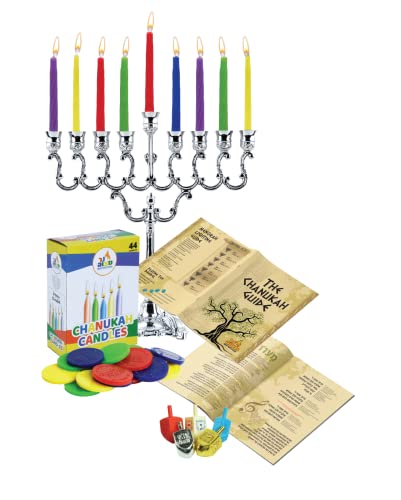 Ner Mitzvah Hanukkah Menorah Candles Dreidels, Chanukah Guide Complete Set - Metal, Standard Version