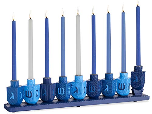 Rite Lite Blue Dreidels Menorah Modern Hanukkah Centerpiece Jewish Holiday Party Favor Decor | Resin Fits Most Chanukah Candles, Elegant Judaica Décor Festival of Lights Hostess Gifts 11.50" H