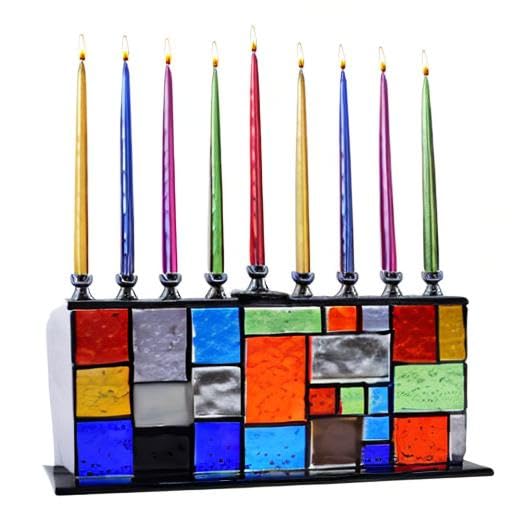Ner Mitzvah Glass Hanukkah Menorah - Blue & White Stones - Handcrafted Painted Glass - Fits Standard Chanukah Candles