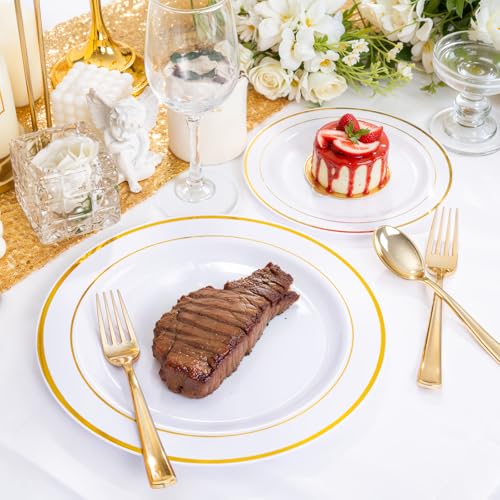 350 Pieces White and Gold Plastic Plates - 50 Guest Dinnerware Set Include 100 Plates, 50 Gold Plastic Silverware, 50 Paper Napkins and 50 Cups for Thanksgiving Party,Wedding