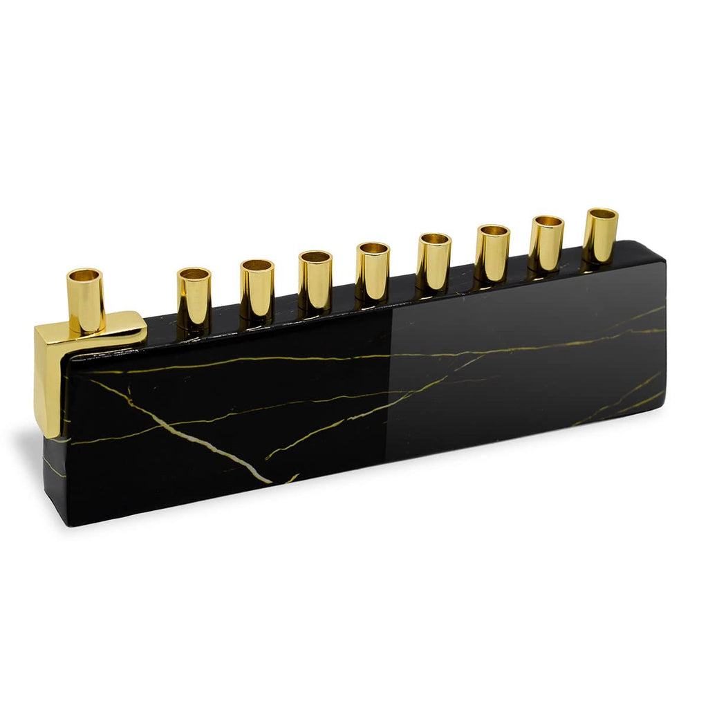Zion Judaica Ltd Elegant Decorative Hanukkah Candle Menorah Aluminum Wrapped with Marble Decal (Black/Gold) & Brass Candle Cups - Landscape Minorah