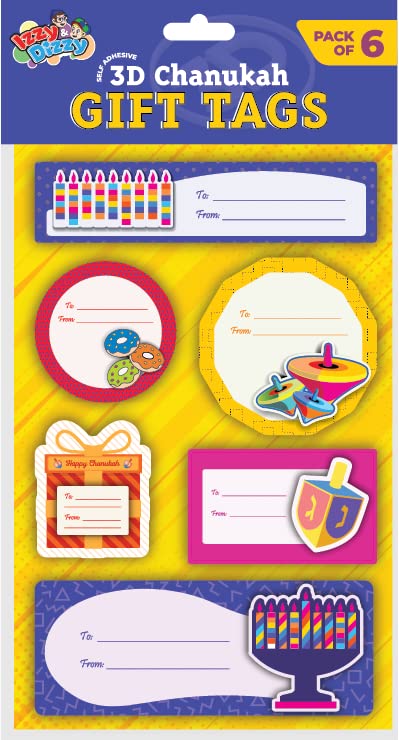 Izzy 'n' Dizzy 3D Hanukkah Chanukah Gift Tags with Assorted Hannukah Menorah and Dreidel Design (Pack of 6)