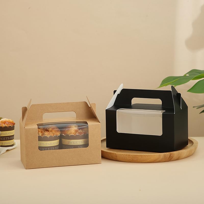 30Pcs Kraft Paper Cupcake Packing Box with Clear Window 6.49×3.74×3.54 inch (Black)