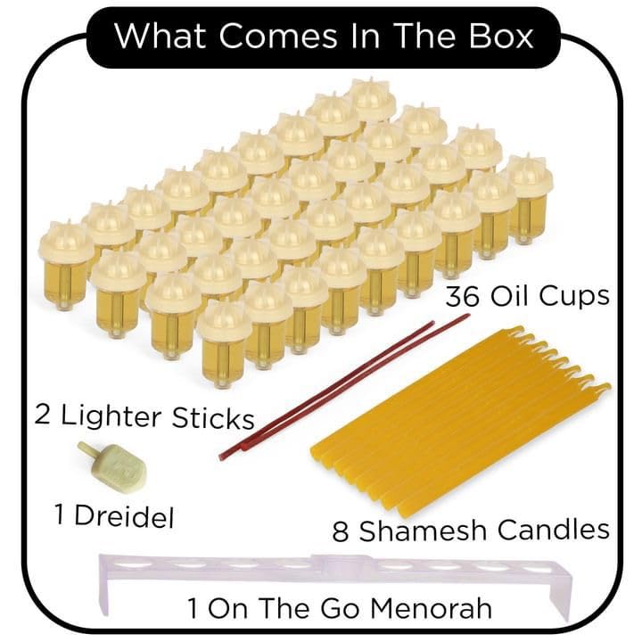 Vehaer Chabad Chanukah Oil 36 Prefilled Cups + 8 Beeswax Shamashim, Hanukkah, Chanukah Olive Oil, Ready to Use, Fits Most Menorah (Chabad 36 + 8), 2.5 Hour Burn