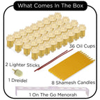 Vehaer Chabad Chanukah Oil 36 Prefilled Cups + 8 Beeswax Shamashim, Hanukkah, Chanukah Olive Oil, Ready to Use, Fits Most Menorah (Chabad 36 + 8), 2.5 Hour Burn