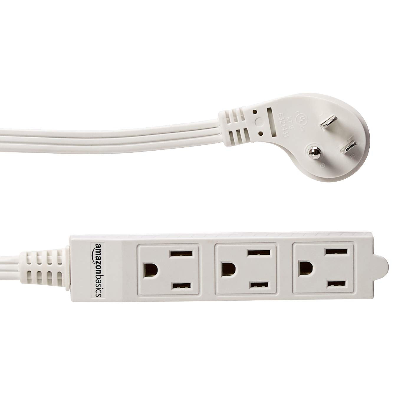 Amazon Basics 3-Prong Indoor Rectangle Extension Cord Power Strip, Flat Plug, Grounded 13 Amps, 1625 Watts, 125 VAC, 2-Pack, 3 ft, White