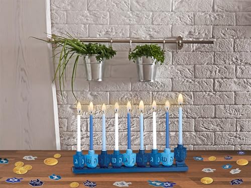 Rite Lite Blue Dreidels Menorah Modern Hanukkah Centerpiece Jewish Holiday Party Favor Decor | Resin Fits Most Chanukah Candles, Elegant Judaica Décor Festival of Lights Hostess Gifts 11.50" H