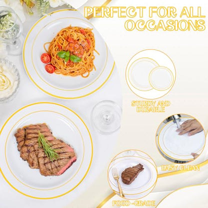 350 Pieces White and Gold Plastic Plates - 50 Guest Dinnerware Set Include 100 Plates, 50 Gold Plastic Silverware, 50 Paper Napkins and 50 Cups for Thanksgiving Party,Wedding
