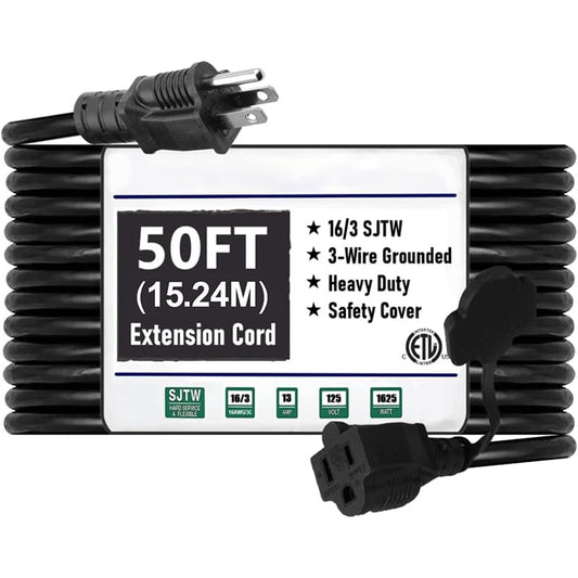 50ft 16 SJTW AWG Heavy Duty Power Cord 3 Prong Extension Cord, NEMA 5-15P to NEMA 5-15R, Power Cable for Indoor and Outdoor Use, ETL Listed