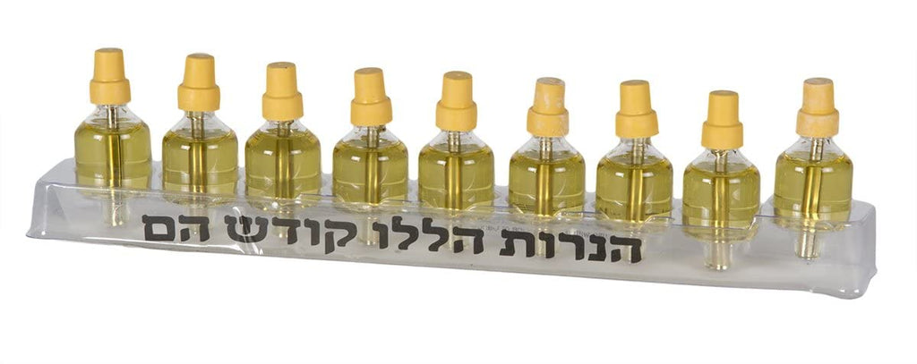Ner Mitzvah On The Go Travel Menorah Set - 9 Pre-Filled Glass Cups Included - 100% Pure Olive Oil with 100% Cotton Wicks- Burns Approx. 2 1/2 Hrs