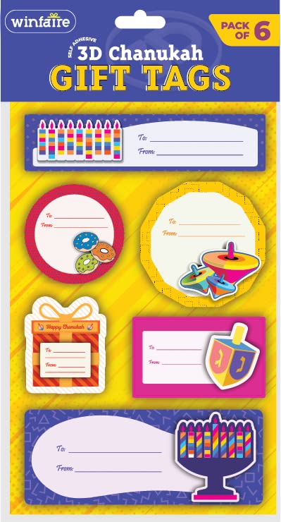 Izzy 'n' Dizzy 3D Hanukkah Chanukah Gift Tags with Assorted Hannukah Menorah and Dreidel Design (Pack of 6)