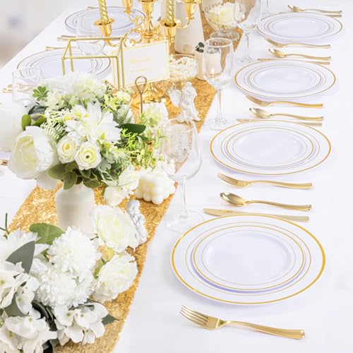 350 Pieces White and Gold Plastic Plates - 50 Guest Dinnerware Set Include 100 Plates, 50 Gold Plastic Silverware, 50 Paper Napkins and 50 Cups for Thanksgiving Party,Wedding