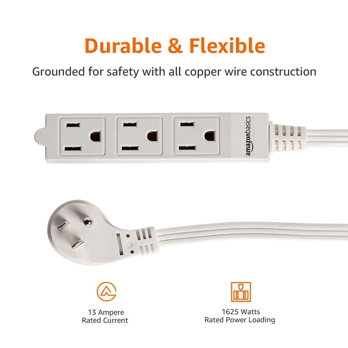 Amazon Basics 3-Prong Indoor Rectangle Extension Cord Power Strip, Flat Plug, Grounded 13 Amps, 1625 Watts, 125 VAC, 2-Pack, 3 ft, White