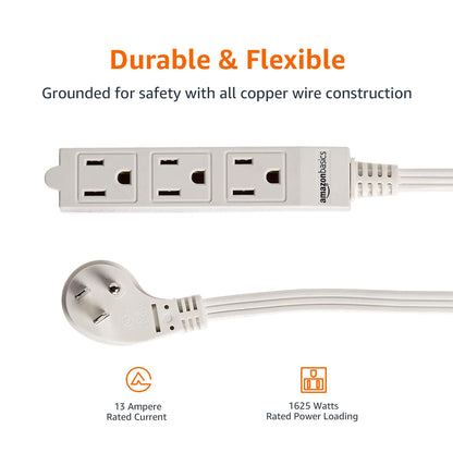 Amazon Basics 3-Prong Indoor Rectangle Extension Cord Power Strip, Flat Plug, Grounded 13 Amps, 1625 Watts, 125 VAC, 2-Pack, 3 ft, White