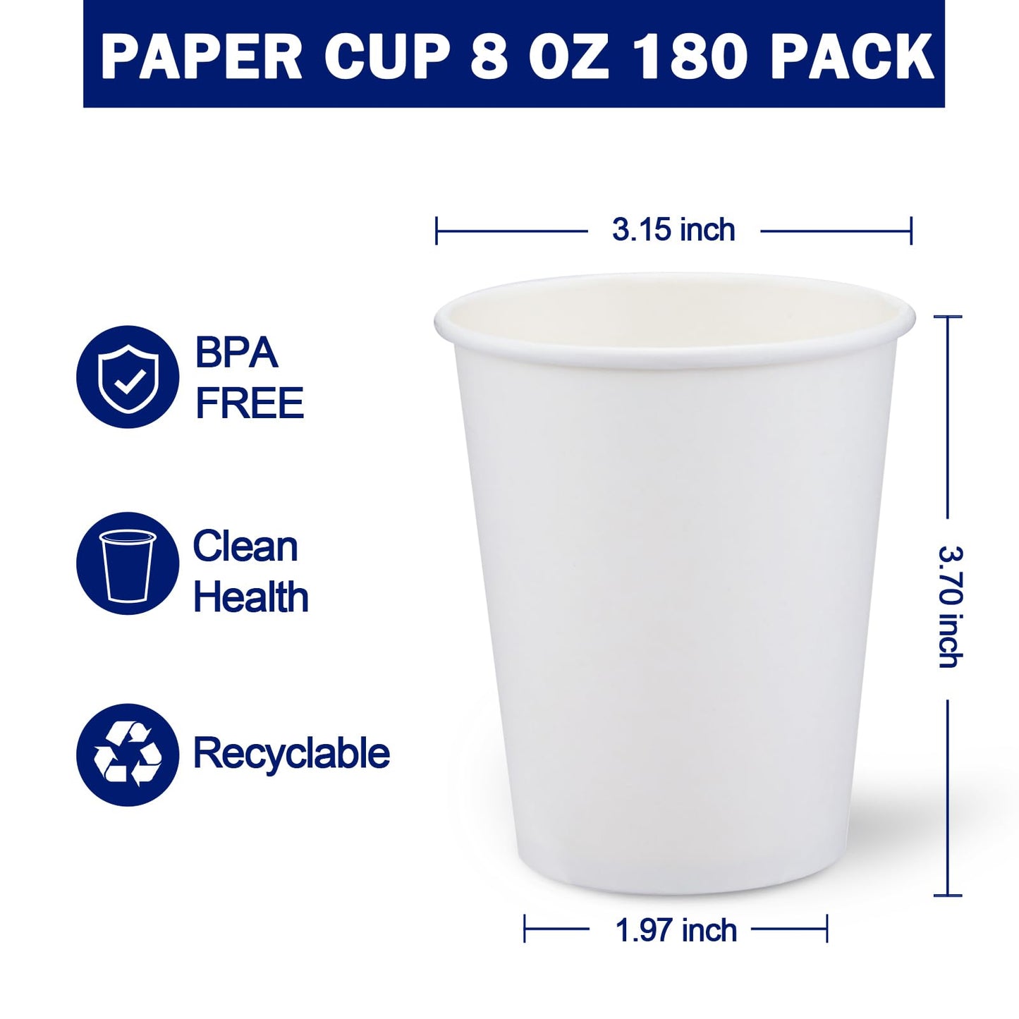 180 Count Paper Cups 8 oz, Disposable Coffee Cups Bulk, Thickened Durable Drinking Cups for Hot or Cold Beverage, Home, Office, Party, Business, Events