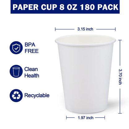 180 Count Paper Cups 8 oz, Disposable Coffee Cups Bulk, Thickened Durable Drinking Cups for Hot or Cold Beverage, Home, Office, Party, Business, Events
