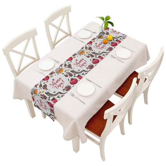Moslion Pomegranate Table Runner Rosh Hashanah Shana Tova Word Honey Shofar Horn Leaf Hand Drawn Decoration Table Runner for Kitchen Dining Wedding Banquet Party Cotton Linen 14x72 Inch