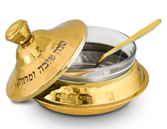Zion Judaica Elegant Rosh Hashana Honey Dish Set Gold Hammered Metal with Glass Bowl Dipping Spoon Honey Plate Engraved Shanah Tova Blessing Honey Jar Jewish New Year Table Decoration Honey Jar