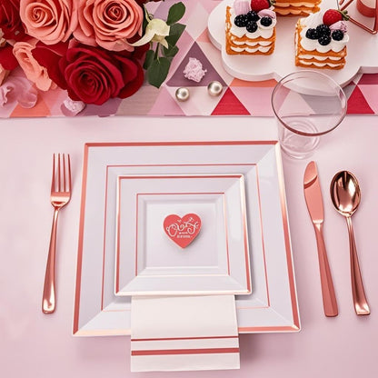 Festiva 350Pcs Rose Gold Plates and Napkins Party Supplies-Square White and Rose Gold Disposable Dinnerware include Plates Cups Cutlery Napkins for 50 Guests Wedding &Party&Mother's Day