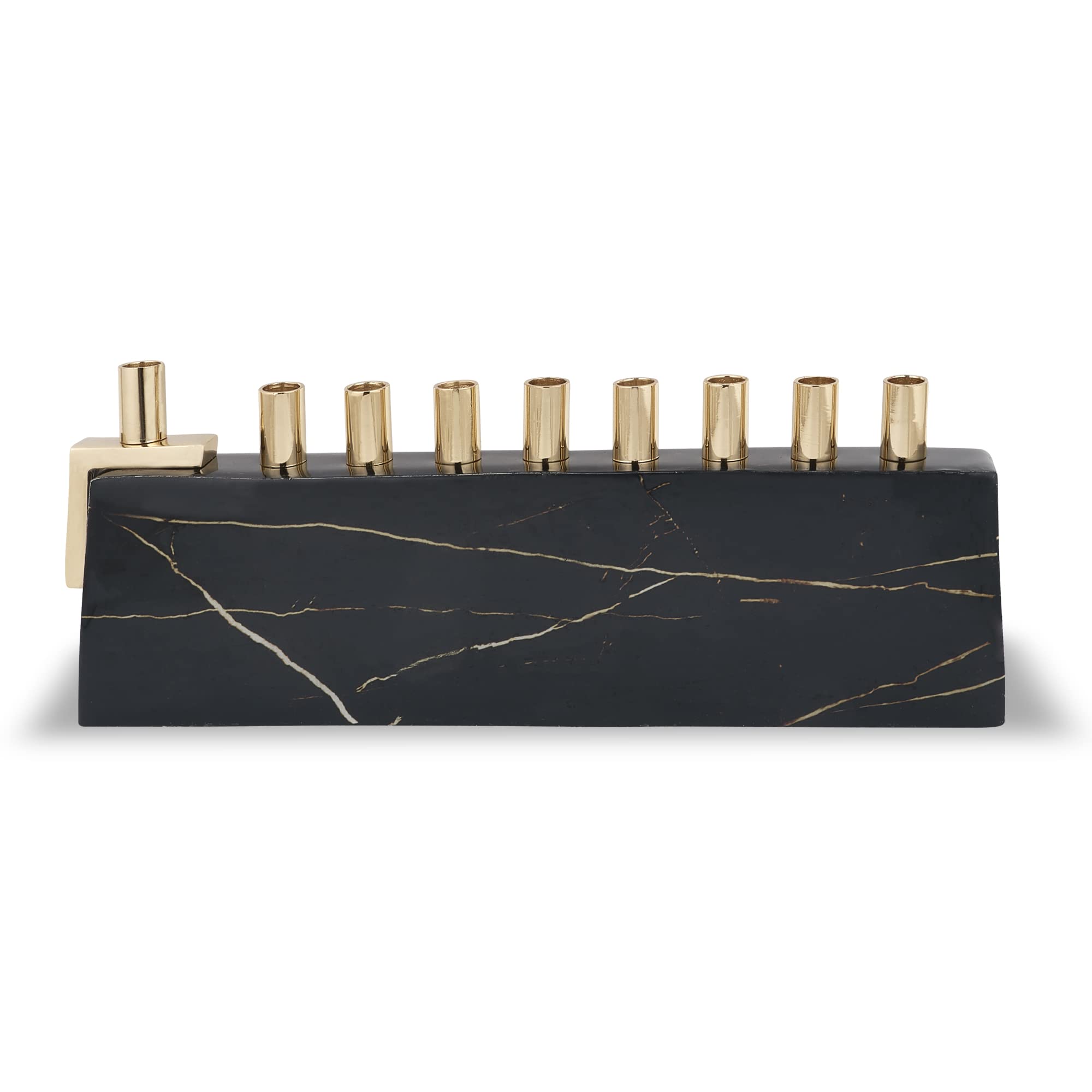 Zion Judaica Ltd Elegant Decorative Hanukkah Candle Menorah Aluminum Wrapped with Marble Decal (Black/Gold) & Brass Candle Cups - Landscape Minorah