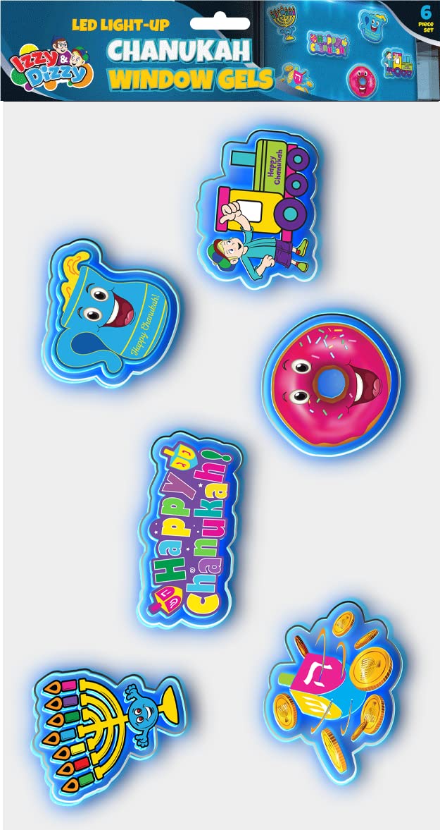 Izzy 'n' Dizzy Hanukkah LED Window Gel 6 Piece - Hanukkah Décor - Holiday Party Decoration - Happy Chanukah Window Gel