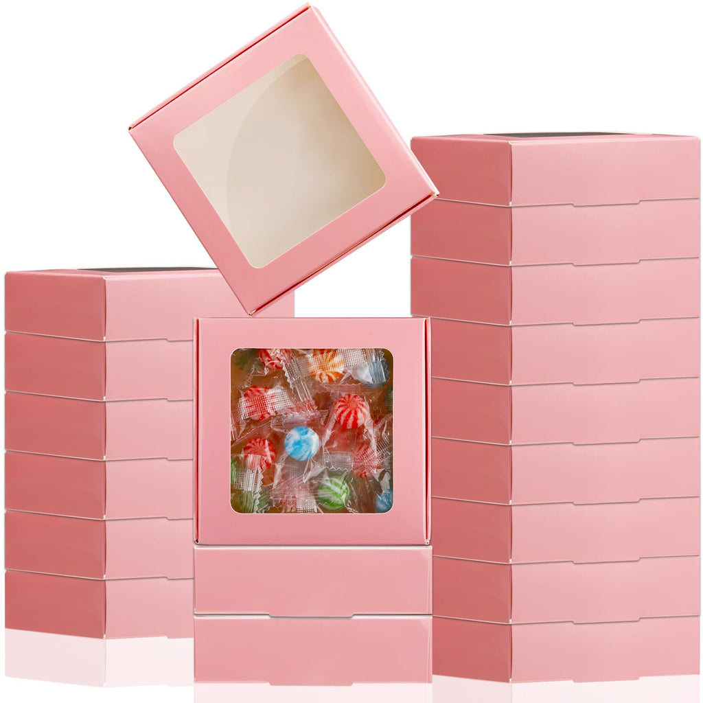 30 Kraft Paper Boxes with Window 4.13 x 4.13 x 1.18 Inch (Pink)