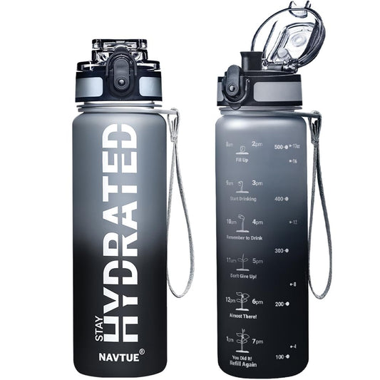 NAVTUE Water Bottle, 16oz Sports Water Bottles with Time Marker Wide Mouth, Motivational and Leakproof Drink Bottle, BPA Free Tritan with Carry Strap for Gym Fitness Outdoor(Direct Drink)