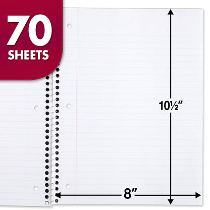 Mead Spiral Notebook, 12 Pack, 1 Subject, Wide Ruled Paper, 7-1/2" x 10-1/2", 70 Sheets per Notebook, Colors Will Vary (930202-ECM25)