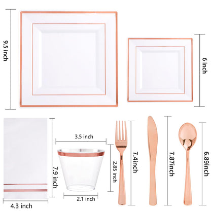 Festiva 350Pcs Rose Gold Plates and Napkins Party Supplies-Square White and Rose Gold Disposable Dinnerware include Plates Cups Cutlery Napkins for 50 Guests Wedding &Party&Mother's Day