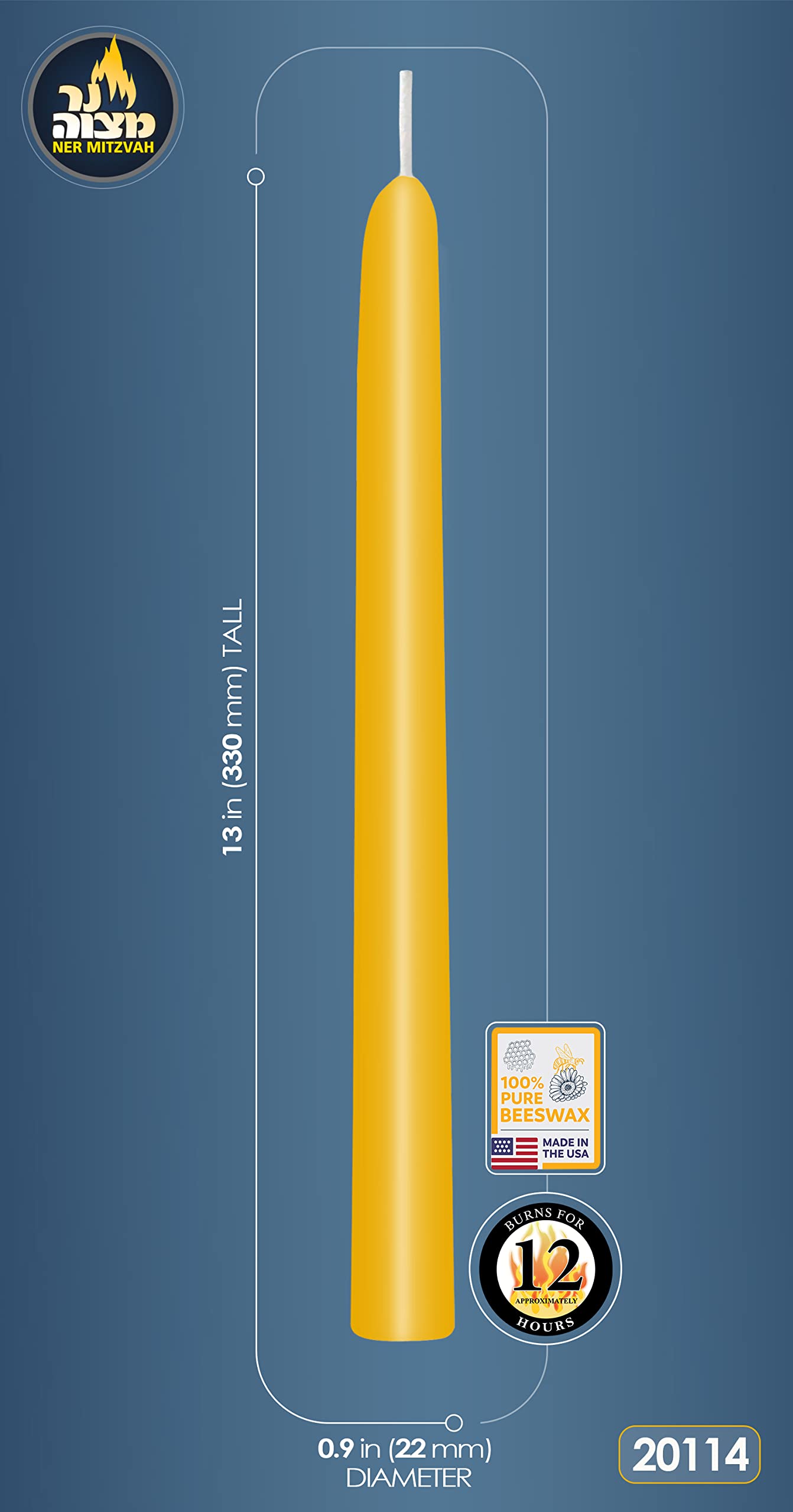 Ner Mitzvah Hanukkah Beeswax Shammash Candle - Chanukah Shammasim - Extra Long - 330 mm Tall x 22 mm Thick - All Natural, 100% Pure Unscented Bee Wax Candle