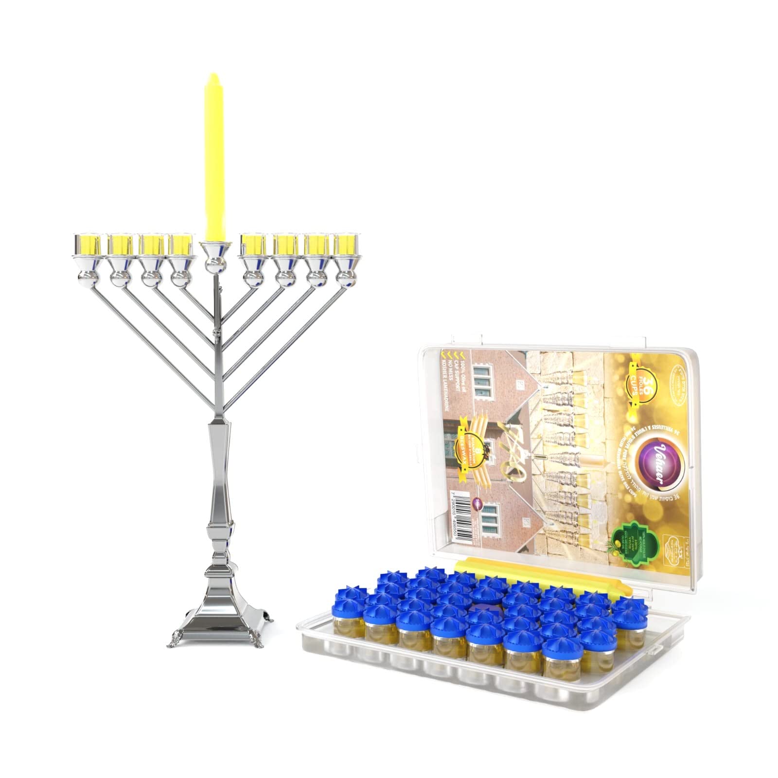Vehaer Chabad Chanukah Oil 36 Prefilled Cups + 8 Beeswax Shamashim, Hanukkah, Chanukah Olive Oil, Ready to Use, Fits Most Menorah (Chabad 36 + 8), 2.5 Hour Burn
