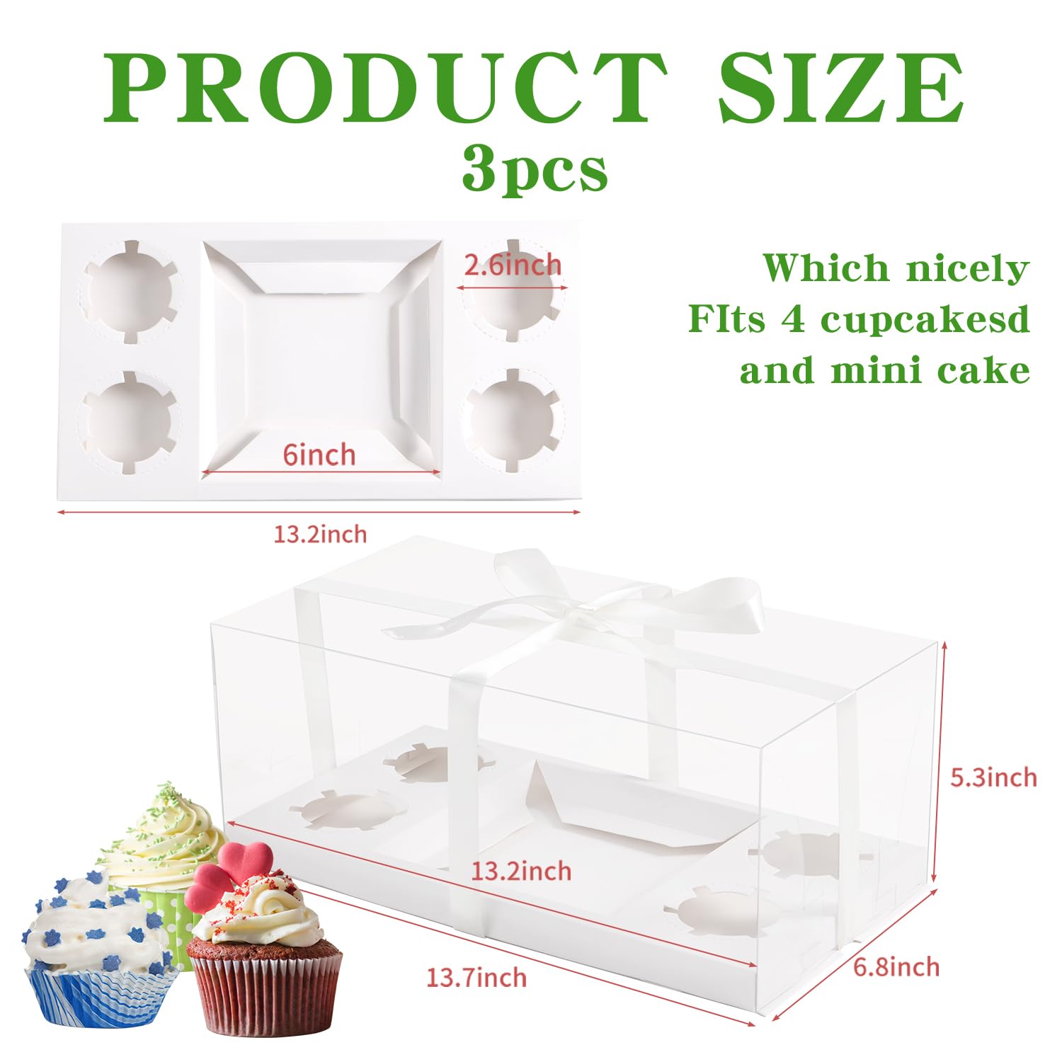 3pcs Clear Cupcake Boxes Combo,Cake and Cupcakes Box 1+4 Bento Box with Clear Window