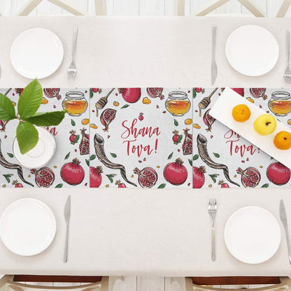 Moslion Pomegranate Table Runner Rosh Hashanah Shana Tova Word Honey Shofar Horn Leaf Hand Drawn Decoration Table Runner for Kitchen Dining Wedding Banquet Party Cotton Linen 14x72 Inch