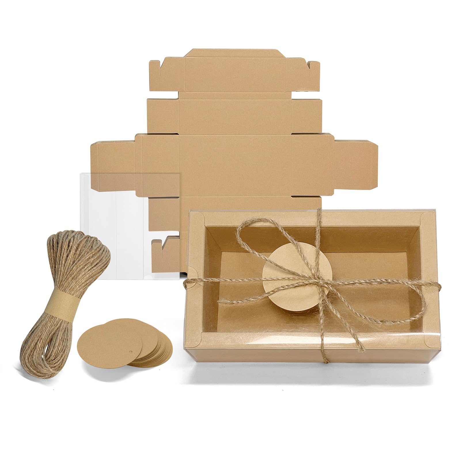 30 Sets Kraft Gift Boxes Rectangle Kraft Paper Drawer Box with Window 6.3 x 3.54 x 1.97 inches
