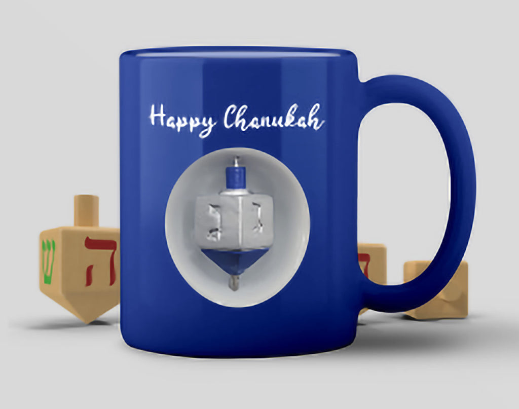 Ner Mitzvah Spinning Hanukkah Dreidel Mug - Happy Hanukkah Decorations - Blue & White Hanukkah Party Favors Idea