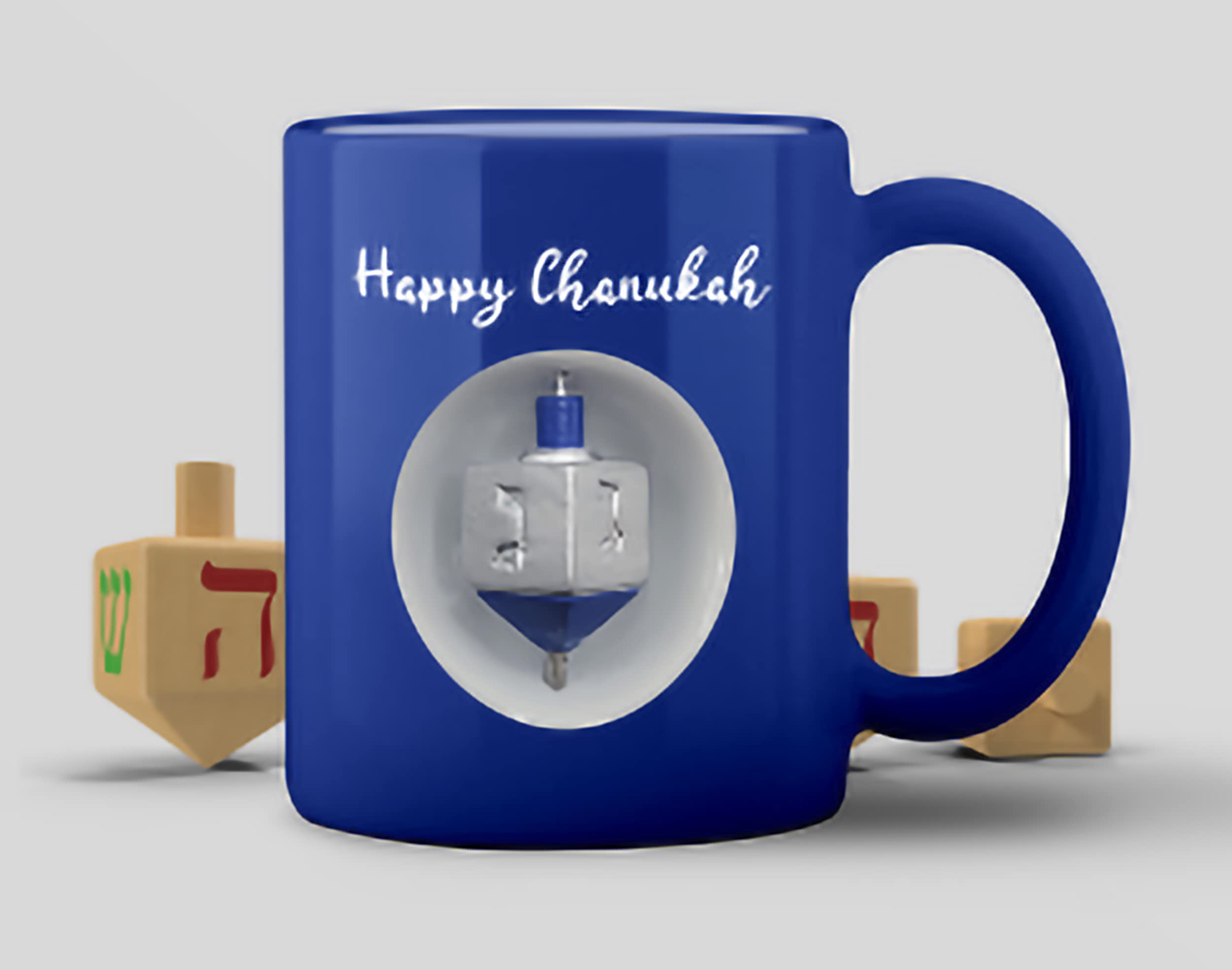 Ner Mitzvah Spinning Hanukkah Dreidel Mug - Happy Hanukkah Decorations - Blue & White Hanukkah Party Favors Idea