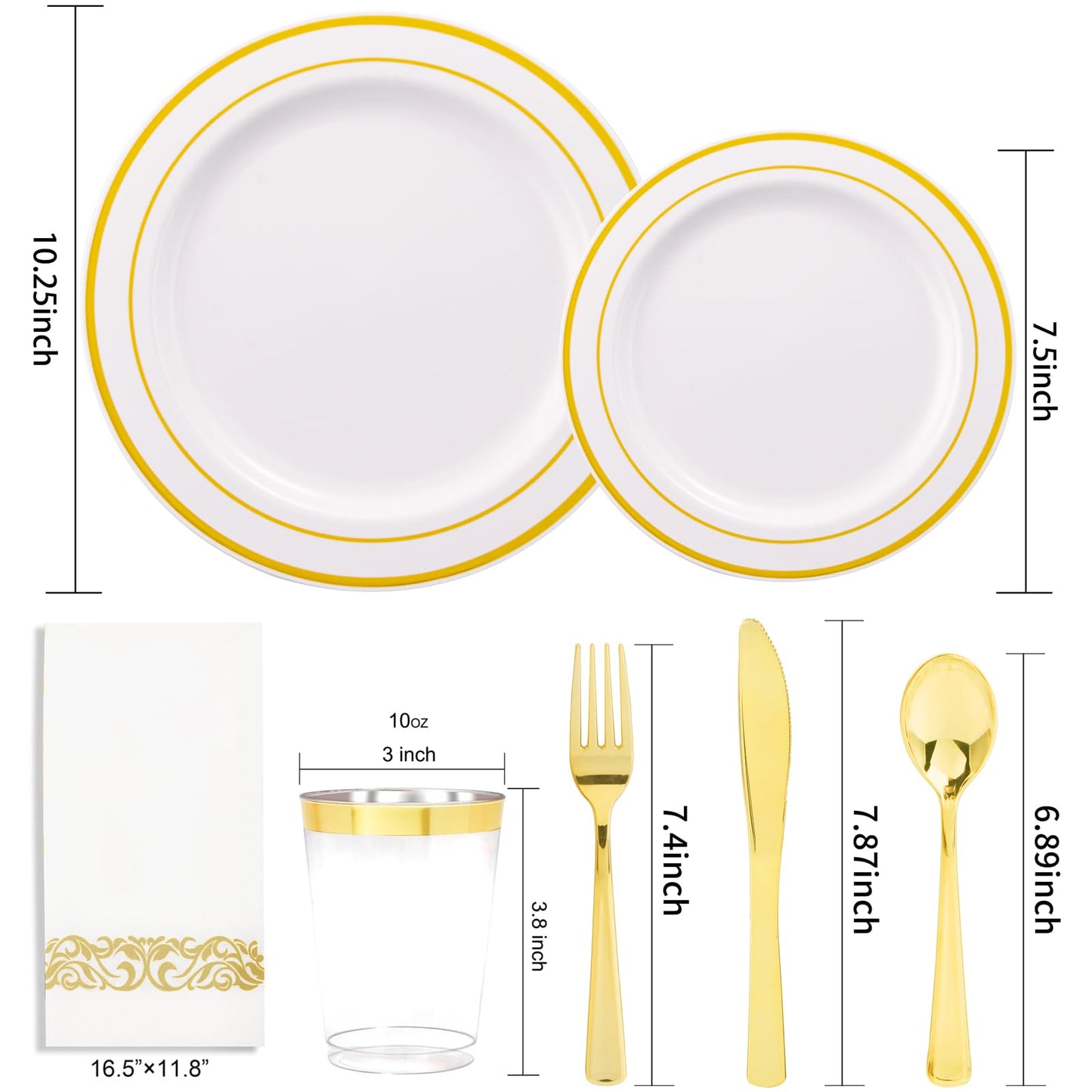 350 Pieces White and Gold Plastic Plates - 50 Guest Dinnerware Set Include 100 Plates, 50 Gold Plastic Silverware, 50 Paper Napkins and 50 Cups for Thanksgiving Party,Wedding
