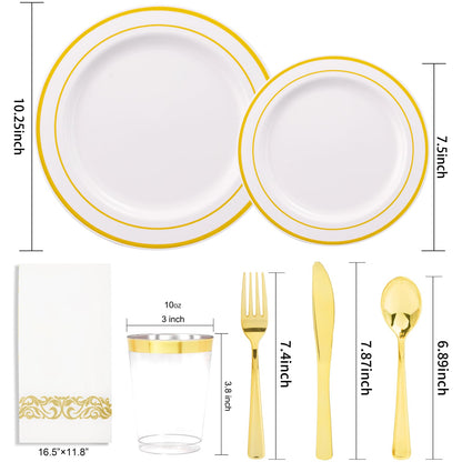 350 Pieces White and Gold Plastic Plates - 50 Guest Dinnerware Set Include 100 Plates, 50 Gold Plastic Silverware, 50 Paper Napkins and 50 Cups for Thanksgiving Party,Wedding