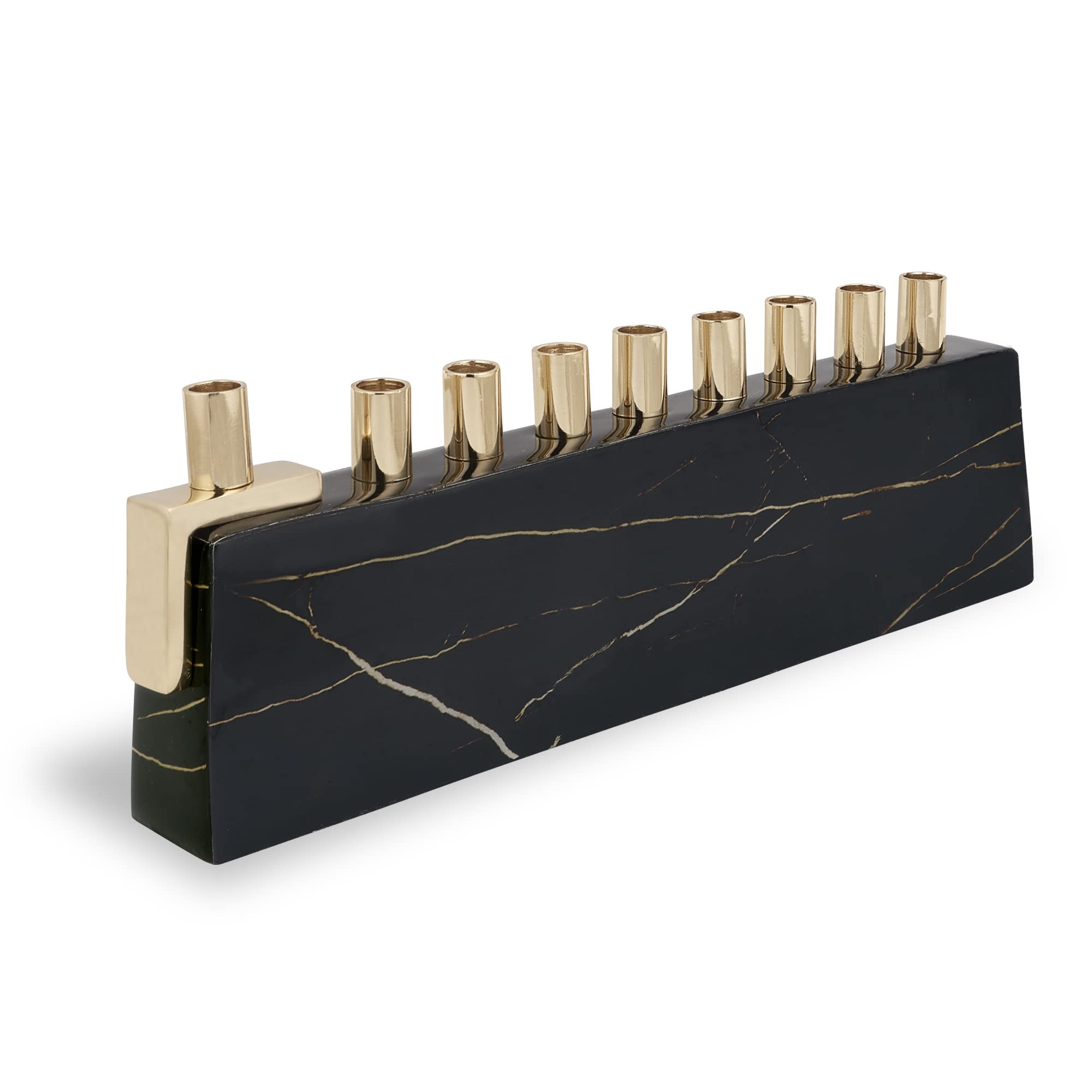 Zion Judaica Ltd Elegant Decorative Hanukkah Candle Menorah Aluminum Wrapped with Marble Decal (Black/Gold) & Brass Candle Cups - Landscape Minorah