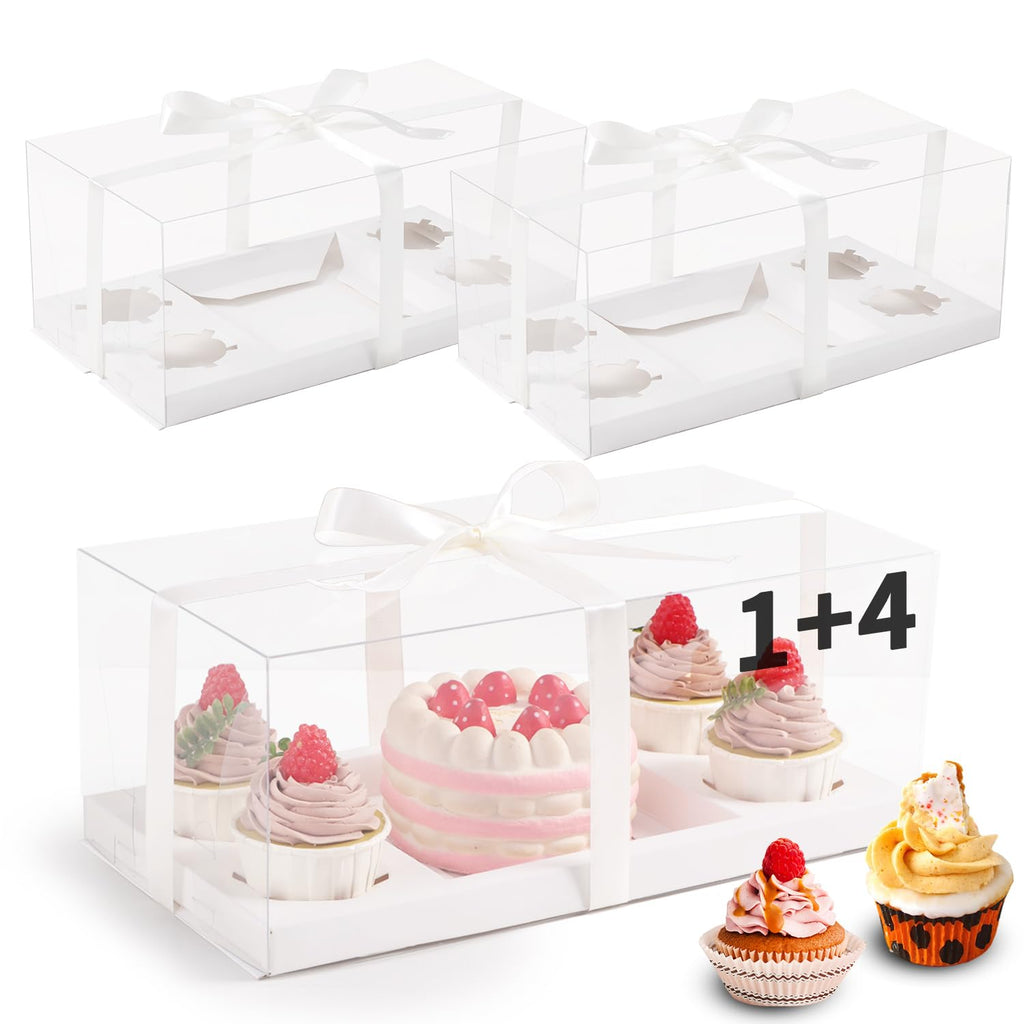 3pcs Clear Cupcake Boxes Combo,Cake and Cupcakes Box 1+4 Bento Box with Clear Window