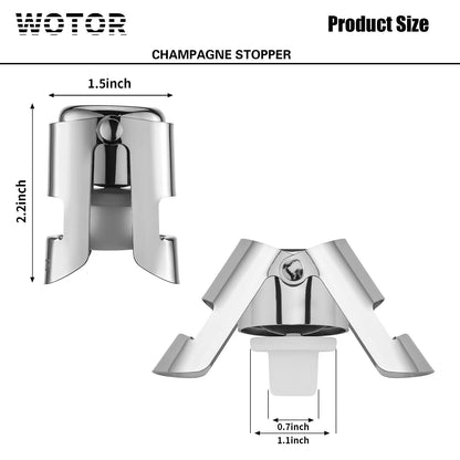 WOTOR Champagne Stoppers Stainless Steel, Prosecco Bottle Stopper with Food Grade Silicone, Reusable Champagne Cork & Saver, Leak proof Keep Fresh (Silver, 2 Pack)